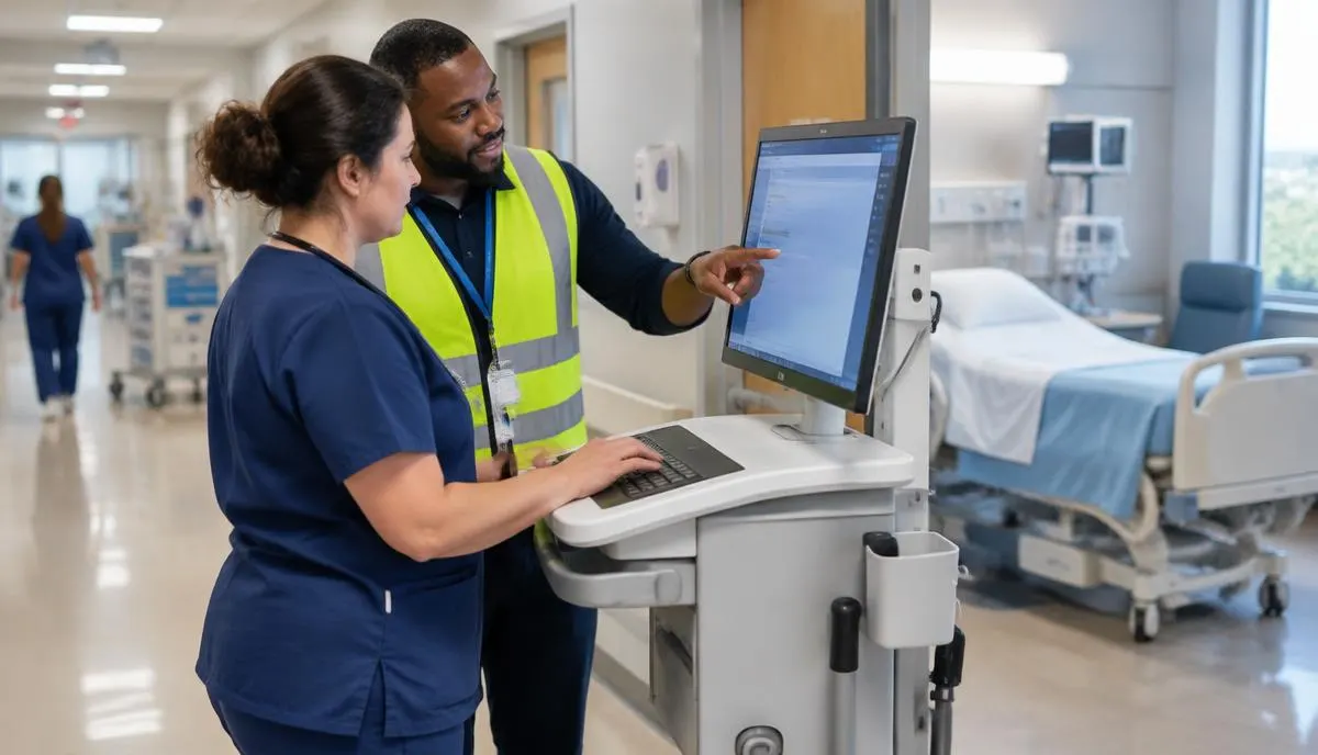 A super user in a high-visibility vest helping a nurse use a new system on a workstation beside a patient room