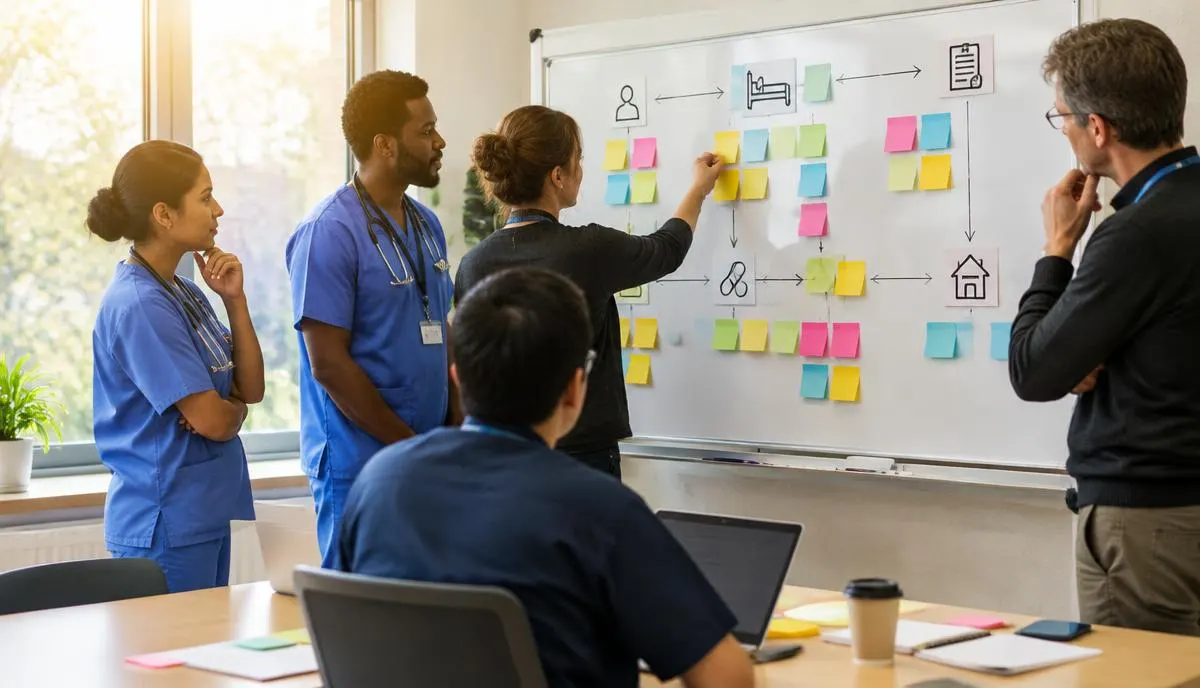 Clinicians and IT analysts mapping a patient workflow with sticky notes on a whiteboard