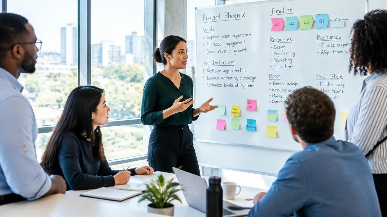 Project manager leading a planning discussion at a whiteboard with her team