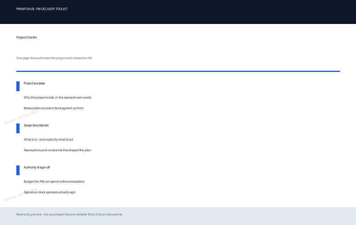 Read-only preview of the Project Charter template from the PM Delivery Toolkit