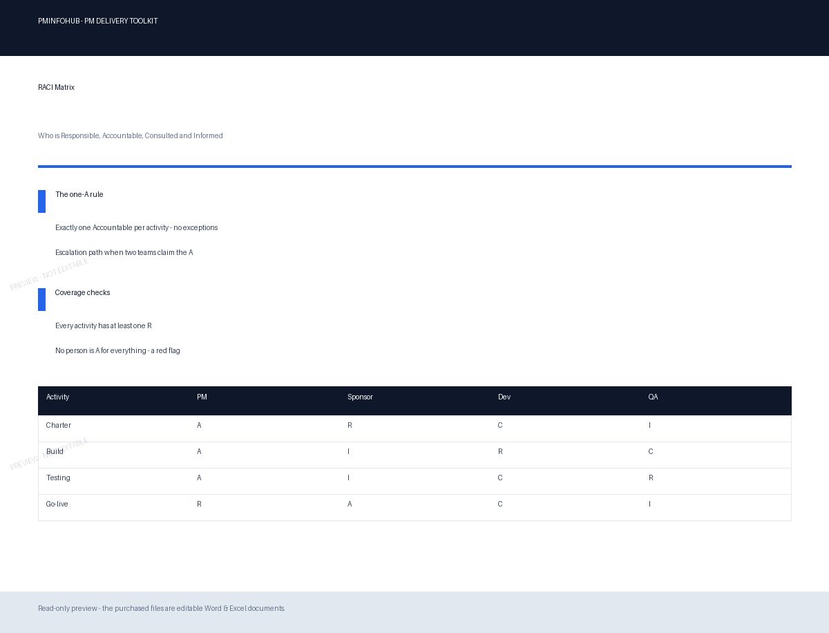 Read-only preview of the RACI Matrix template from the PM Delivery Toolkit