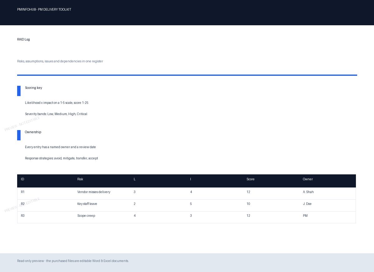 Read-only preview of the RAID Log template from the PM Delivery Toolkit