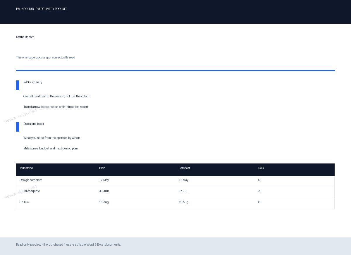 Read-only preview of the Status Report template from the PM Delivery Toolkit